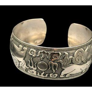 Asian Sterling Silver Cuff Bracelet High Dome Design 7.25 In. Handmade Intricate